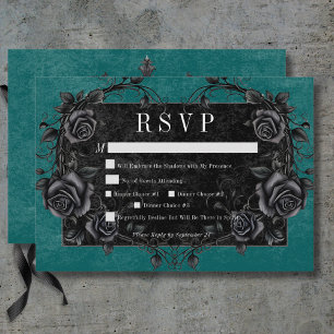 Gothic Black Raven & Black Roses Teal Dinner RSVP Card