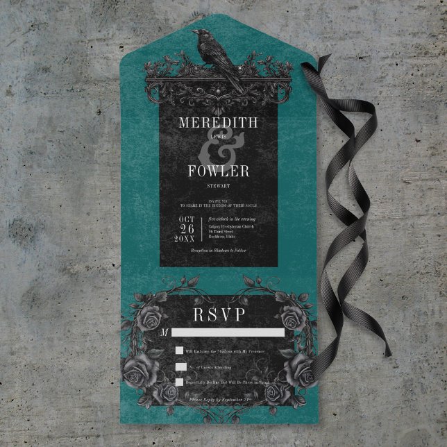 Gothic Black Raven & Black Roses Teal No Dinner All In One Invitation (Gothic Black Raven & Black Roses Teal No Dinner All In One Invitation)
