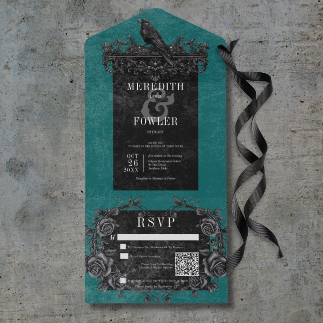 Gothic Black Raven & Black Roses Teal QR Code All In One Invitation (Gothic Black Raven & Black Roses Teal QR Code All In One Invitation)