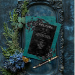 Gothic Black Raven & Black Roses Teal Wedding Program<br><div class="desc">Transport your guests to a world of dark, enchanting elegance with our vintage gothic wedding program card. The deep, aged teal green background and black roses sets the stage for a striking contrast, as bold white text emerges from intricate black text boxes, which adds a touch of dramatic allure. Unleash...</div>