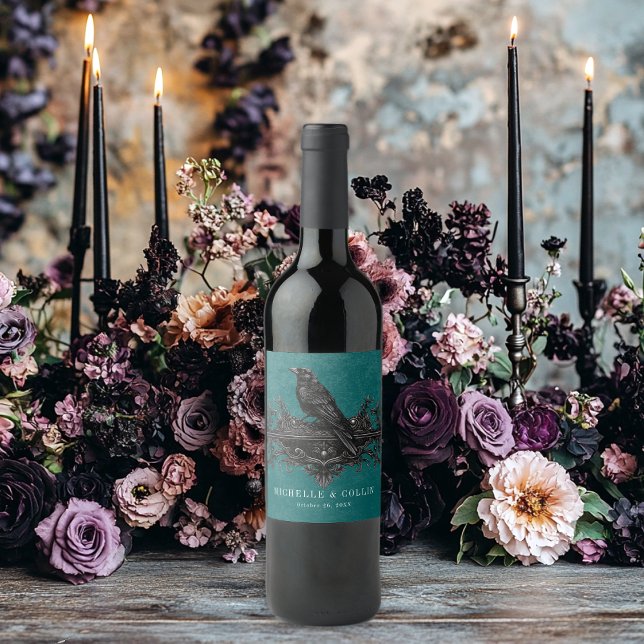 Gothic Black Raven & Black Roses Teal Wedding Wine Label (Creator Uploaded)