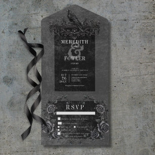 Gothic Black Raven & Black Roses Three Dinner All In One Invitation