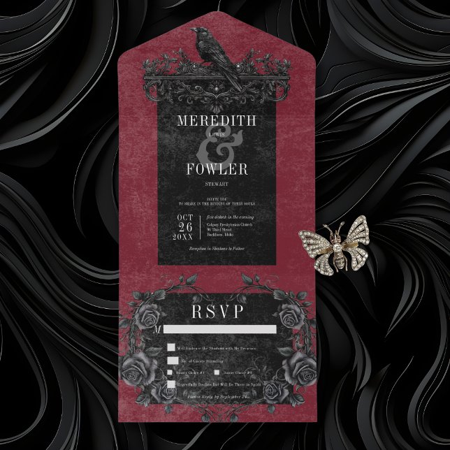 Gothic Black Raven & Black Roses Wine Dinner All In One Invitation (Gothic Black Rave & Black Roses Wine All In One Wedding Invitation with Dinner Options)