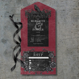 Gothic Black Raven & Black Roses Wine Three Dinner All In One Invitation