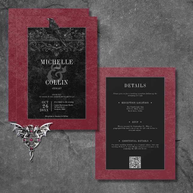 Gothic Black Raven & Black Roses Wine Two Sided Invitation (Gothic Black Raven & Black Roses Wine All In One Invitation)