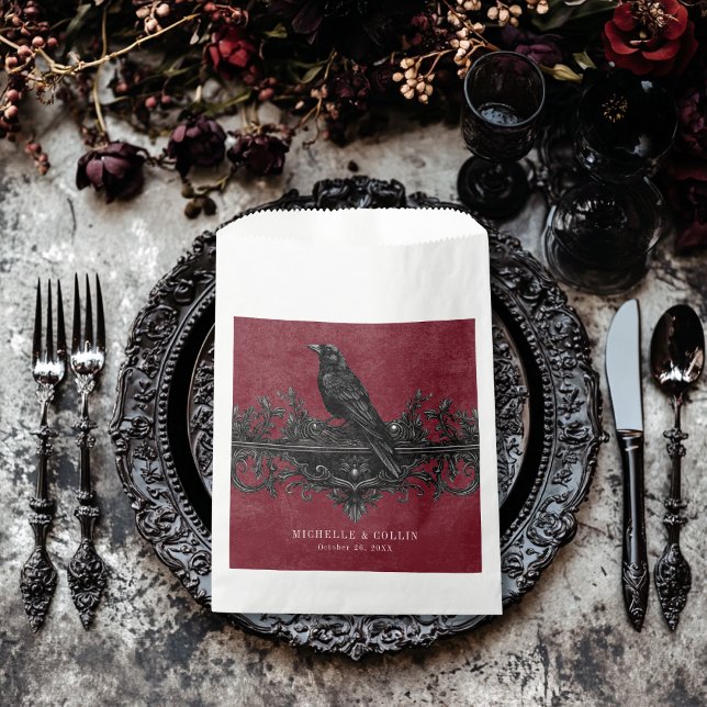 Gothic Black Raven & Black Roses Wine Wedding Favour Bag (Gothic Black Raven & Black Roses Wine Wedding Favor Bag)