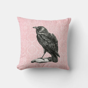 Gothic Black Raven Pink Damask Cushion