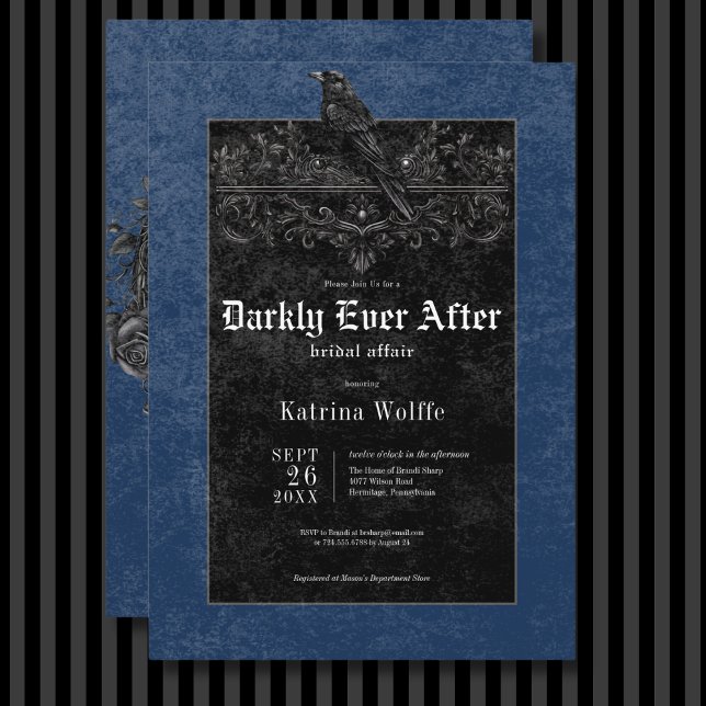 Gothic Black Raven & Roses Blue Bridal Shower Invitation (Gothic Black Raven & Roses Blue Bridal Shower Invitation)