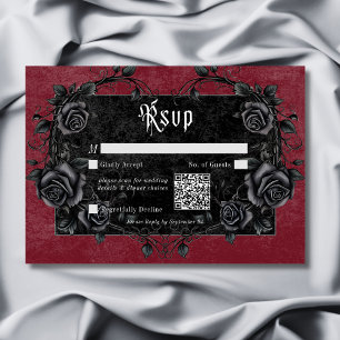 Gothic Black Raven & Roses Burgundy QR Code RSVP Card