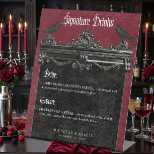 Gothic Black Raven & Roses Burgundy Wedding Drinks Pedestal Sign