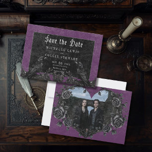 Gothic Black Raven & Roses Purple Photo Wedding Save The Date