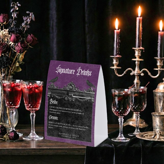 Gothic Black Raven & Roses Purple Wedding Drinks (Gothic Black Raven & Roses Purple Wedding Drinks Paper Table Tent)