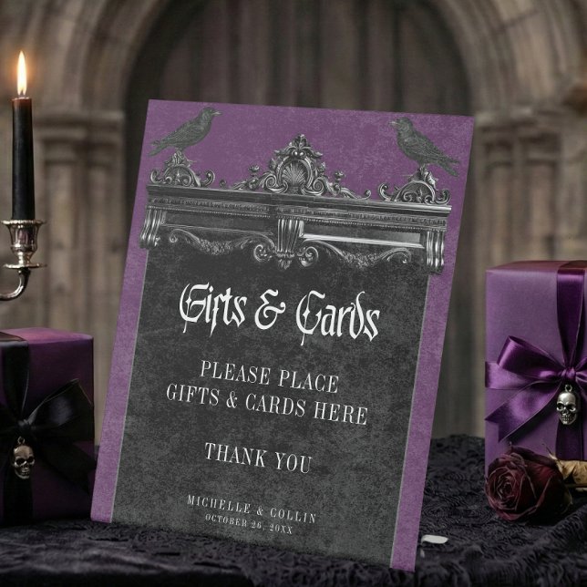 Gothic Black Raven & Roses Purple Wedding Gifts Pedestal Sign (Creator Uploaded)