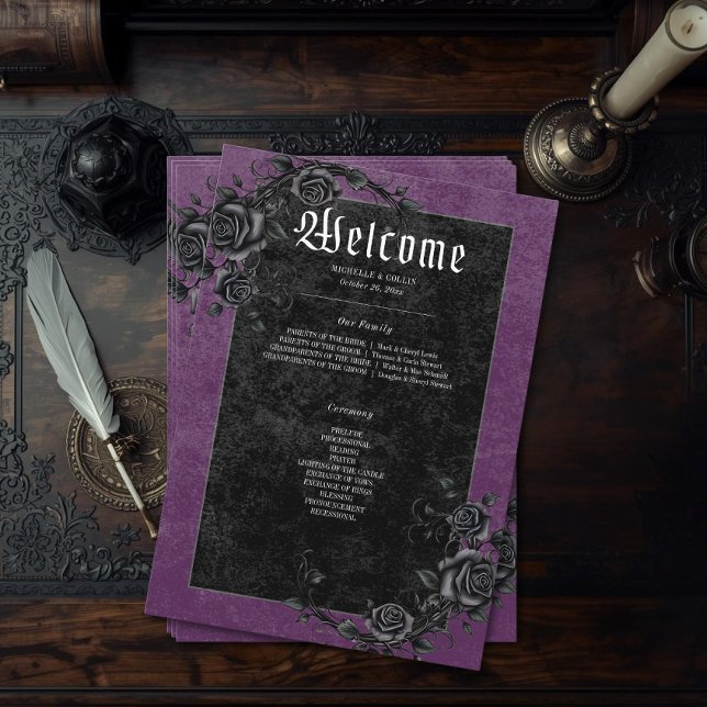 Gothic Black Raven & Roses Purple Wedding Program (Creator Uploaded)