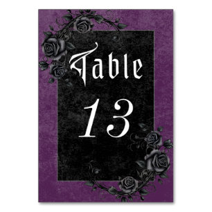 Gothic Black Raven & Roses Purple Wedding Table Number