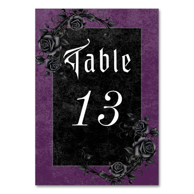 Gothic Black Raven & Roses Purple Wedding Table Number (Front)
