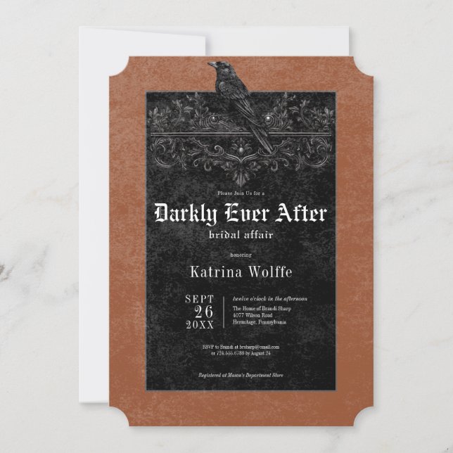 Gothic Black Raven & Roses Rust Bridal Shower Invitation (Front)