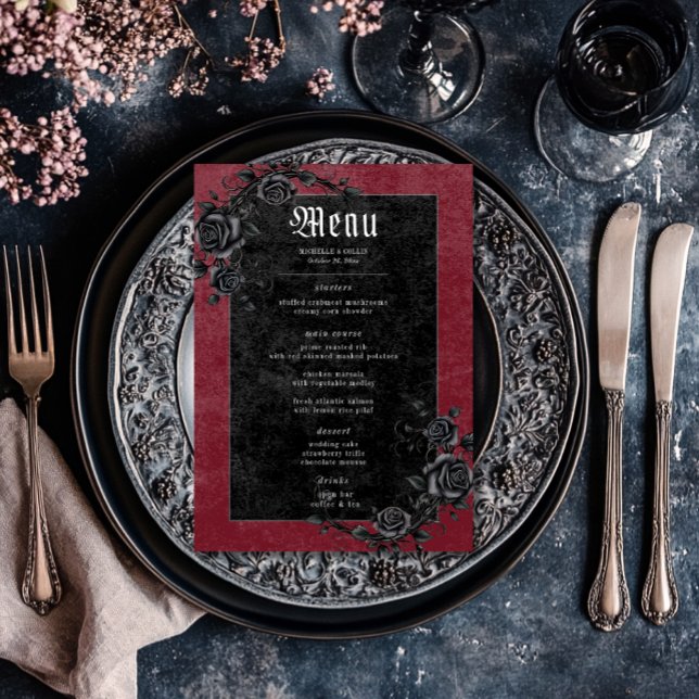 Gothic Black Raven & Roses Wine Wedding Menu (Gothic Black Raven & Roses Wine Wedding Menu)