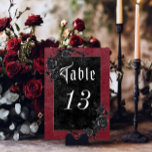 Gothic Black Raven & Roses Wine Wedding Table Number<br><div class="desc">Transport your guests to a world of dark, enchanting elegance with our vintage gothic wedding table number card. The deep, aged burgundy wine background sets the stage for a striking contrast, as bold white text emerges from intricate black text boxes. Three-dimensional gothic elements adorn the design, capturing the essence of...</div>