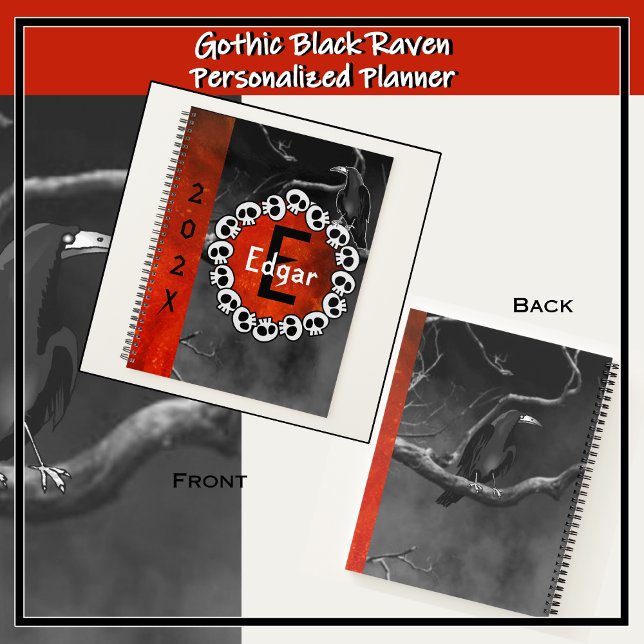 Gothic Black Raven Skulls Orange Moon Personalised Planner (For fans of the dark and dreary. Personalized, monogrammed notebook with a foggy night background.)
