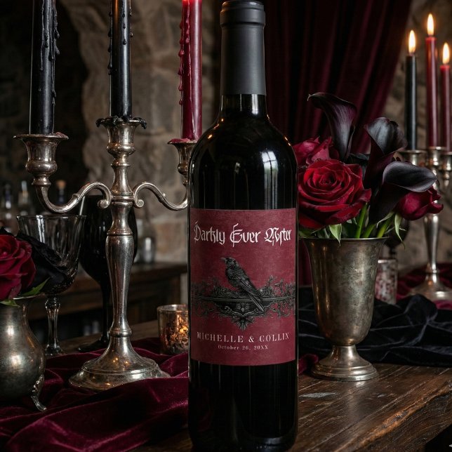 Gothic Black Raven Wine Darkly Ever After Wedding Label (Creator Uploaded)