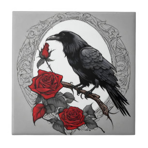 Gothic Black Raven with Red Roses Ceramic Tile