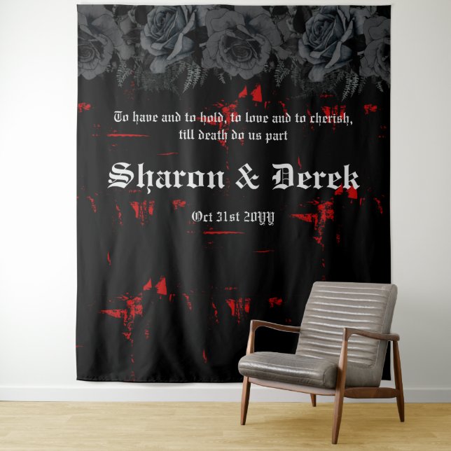 Gothic Black Red Grunge Textured | Black Roses Tapestry (In Situ)