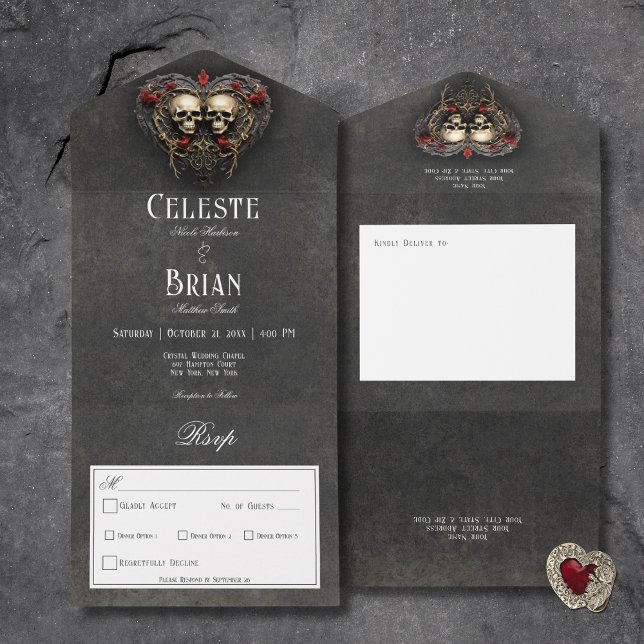 Gothic Black & Red Skulls & Heart Black Dinner All In One Invitation (Gothic Black & Red Skulls & Heart Black All In One Wedding Invitation with Dinner Options)