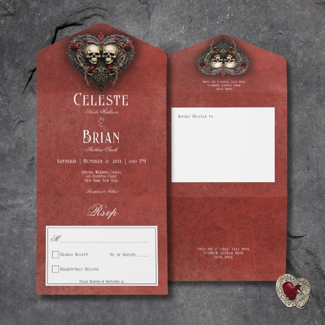 Gothic Black & Red Skulls & Heart Red No Dinner All In One Invitation (Gothic Black & Red Skulls & Heart Red All In One Wedding Invitation without Dinner Options)