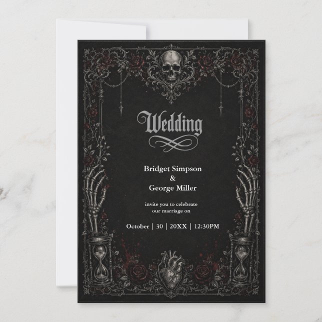 Gothic Black Rose Skull Heart Wedding  Invitation (Front)
