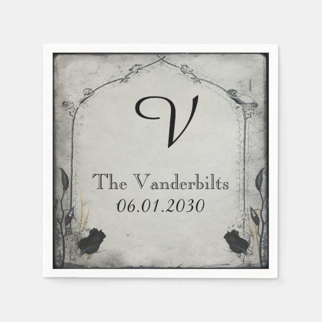 Gothic Black Rose Trellis Monogram Wedding Napkin (Front)