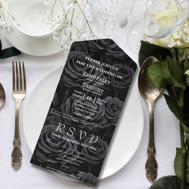 Gothic Black Rose White Text Floral Background All In One Invitation (Creator Uploaded)