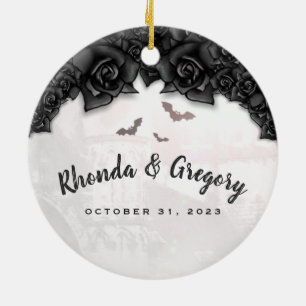 Gothic Black Roses & Bats Halloween Wedding Circle Ceramic Ornament