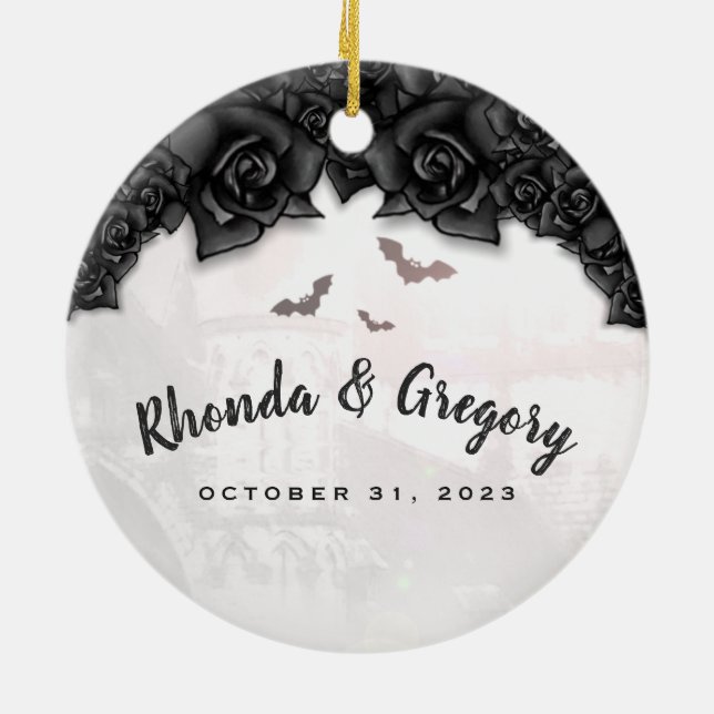 Gothic Black Roses & Bats Halloween Wedding Circle Ceramic Ornament (Back)