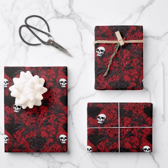 Gothic Black Roses Black Hearts and Skulls Wrapping Paper Sheet (Front)