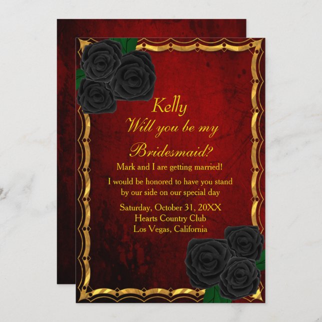 Gothic Black Roses Blood Red Wedding Bridesmaid Invitation (Front/Back)
