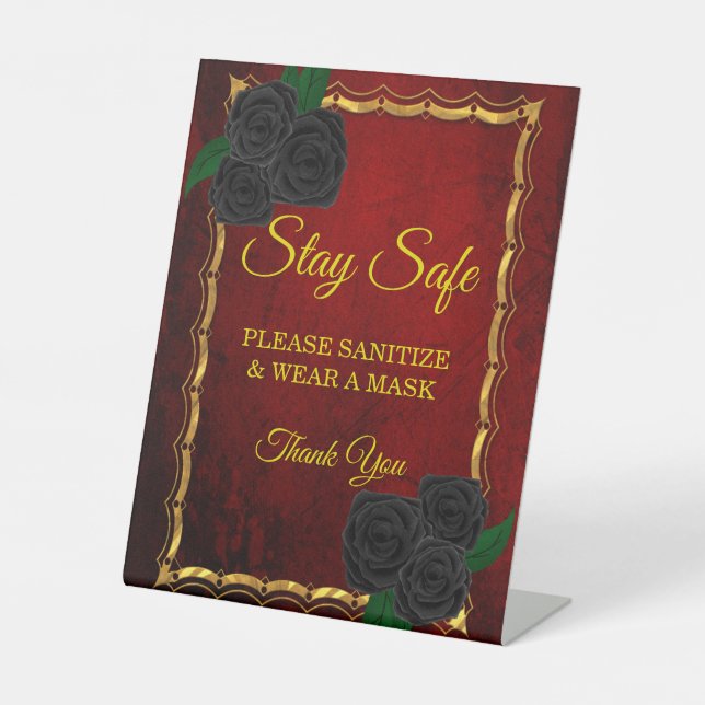 Gothic Black Roses Blood Red Wedding Safety Pedestal Sign (Front)