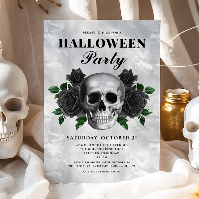 Gothic Black Roses & Skull Halloween Party Invitation (Gothic Black Roses & Skull Halloween Party Invitation)