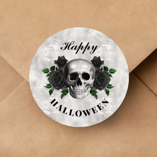 Gothic Black Roses & Skull Happy Halloween Classic Round Sticker