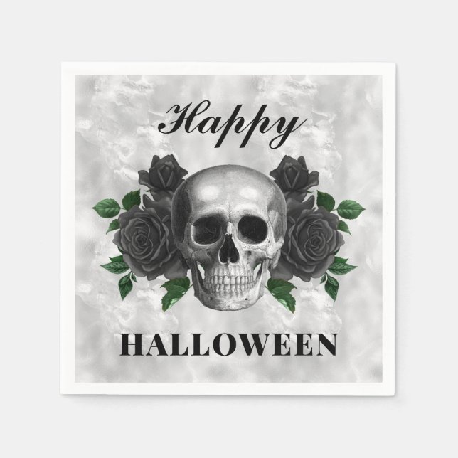 Gothic Black Roses & Skull Happy Halloween Napkin (Front)