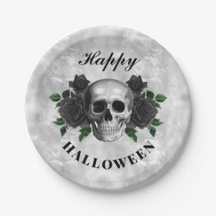 Gothic Black Roses & Skull Happy Halloween Paper Plate