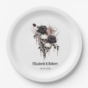Gothic Black Roses Skulls Wedding  Paper Plate