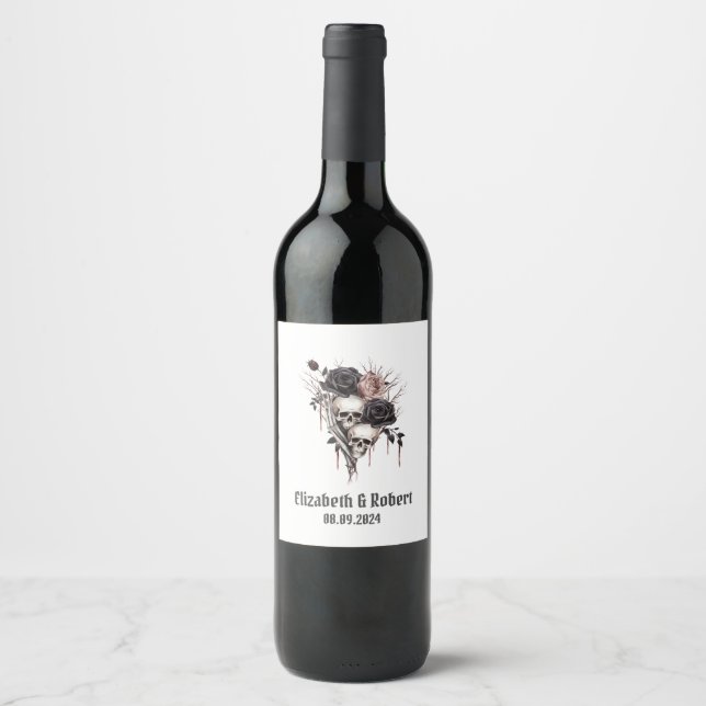 Gothic Black Roses Skulls Wedding  Wine Label (Front)