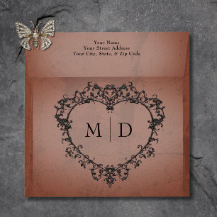 Gothic Black & Rust Filigree Heart Wedding Envelope
