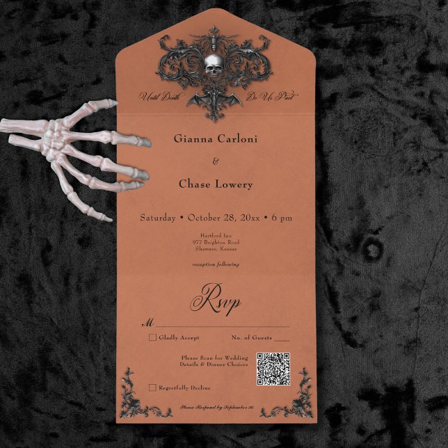 Gothic Black & Rust Halloween Filigree QR Code All In One Invitation (Gothic Black & Rust Halloween Filigree QR Code All In One Invitation)