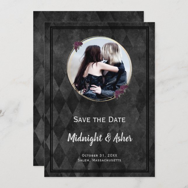 Gothic Black Save the Date Roses Gold Circle  (Front/Back)