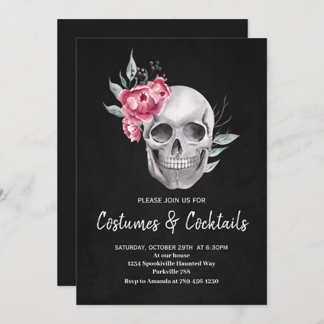 Gothic Black Skull Adult Halloween Party Invitation (Front/Back)
