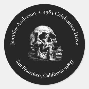 Gothic Black Skull and Whiskey Return Address Classic Round Sticker