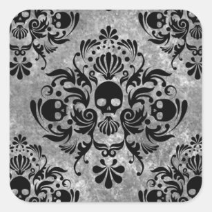 Gothic Black Skull Grunge Damask Pattern Square Sticker