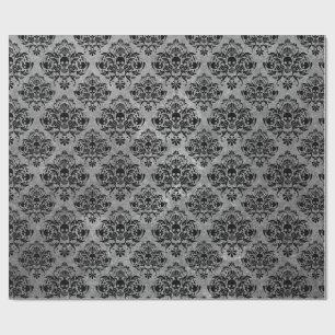 Gothic Black Skull Grunge Damask Pattern Wrapping Paper